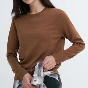 NWT Uniqlo Extra Fine Merino Crew Neck Long-Sleeve Sweater Brown extra small